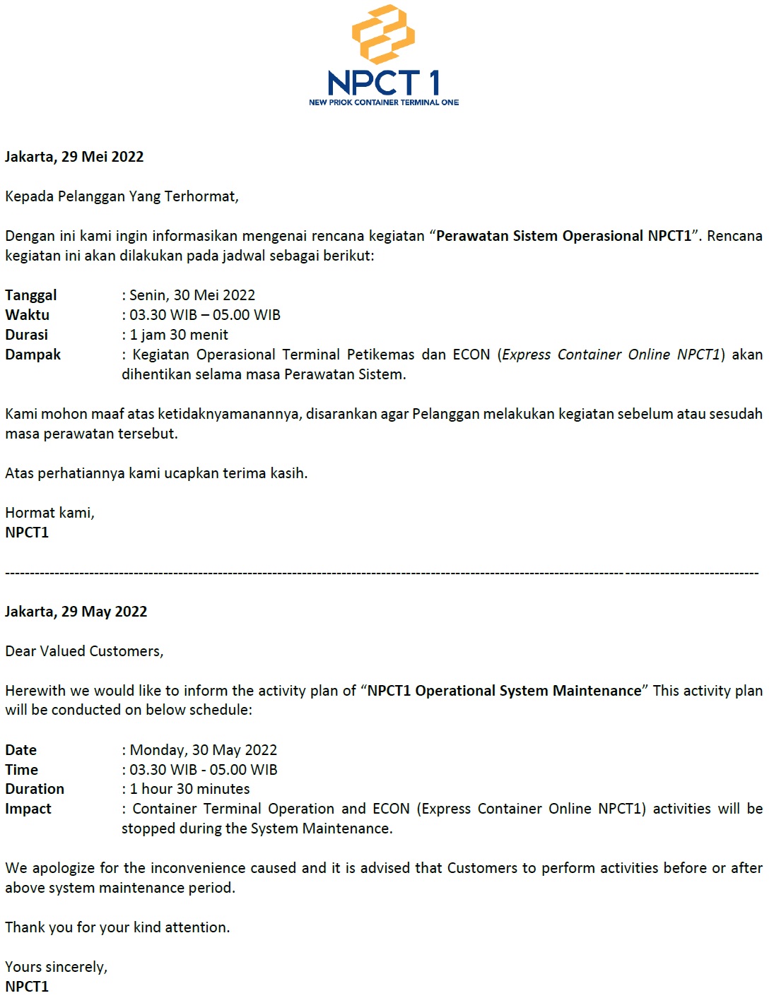 Customer Announcement NPCT1 Operational System Maintenance